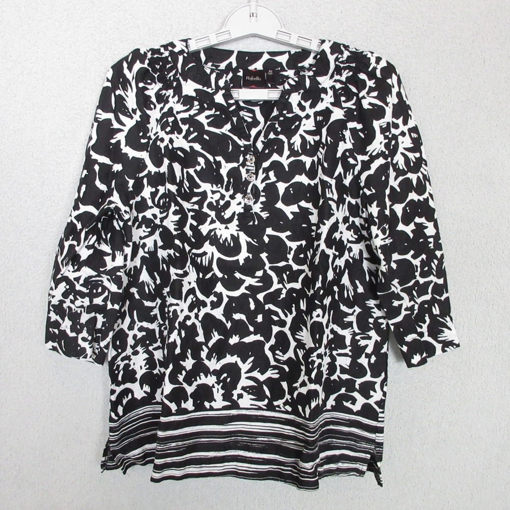 Rafaella Womens Linen Tunic Top Petite Black White Abstract‎ Print 3/4 Sleeve PS